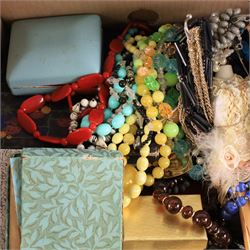 Large collection of costume jewellery, including beaded necklaces, brooches, rings, necklaces etc and compact mirrors