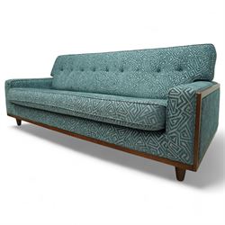 G-Plan Vintage - Contemporary unused Agatha 3 seater sofa, upholstered in G insignia fabric cushion seat and back cushion, rectangular side frame and matching fabric footstool, and additional unused seat cushion