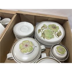 Denby Troubadour pattern part tea and dinner service, to include teapot, coffee pot, covered dishes, eight dinner plates, seven side plates etc, in three boxes 