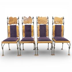 Paul Hodgkiss Designs of Glasgow - contemporary shaped elm dining table with wrought iron base; with set ten (8+2) matching high-back dining chairs, table of organic form above an elaborate wrought iron supports, with central elm stretcher, the chairs with en suite with matching wrought iron work burred elm headrest, purple velour upholstery with drop in seat     

Table: W 102cm, L 243cm, H 74cm
Chairs: W 56cm, D 52cm, H 130cm