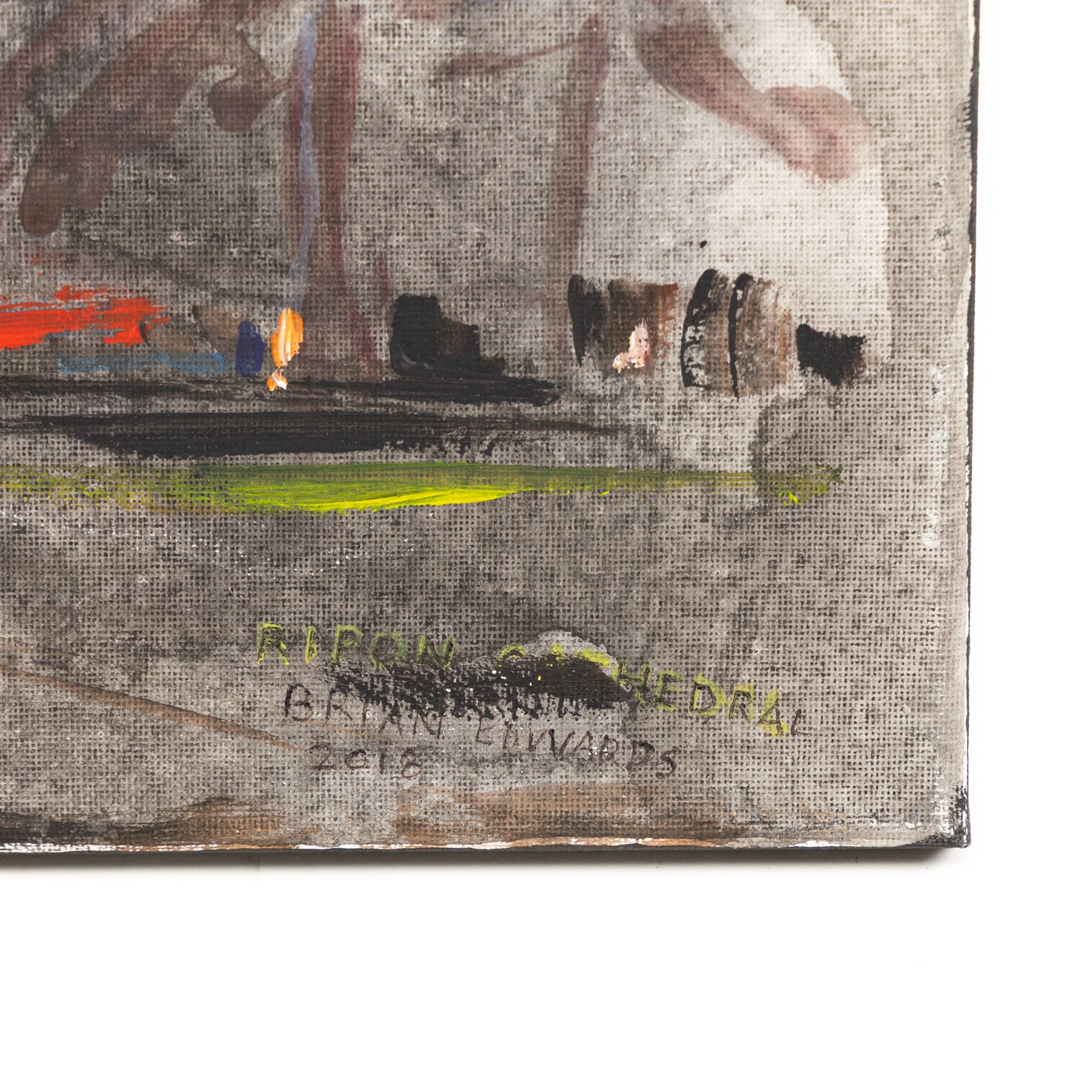 Brian Edwards (British 1944-): 'Ripon Cathedral', mixed media on canvas signed titled and dated 2018, 40.5cm x 50.5cm (unframed)
Notes: Dr Brian Edwards is Emeritus Professor of Architecture at ECA Edinburgh University. He is the author of the book ‘Understanding Architecture through Drawing’, has exhibited at the Edinburgh Festival, the RSA and architecture section of the RA Summer Exhibition. As a retired architect, his paintings explore the interface between art and architecture