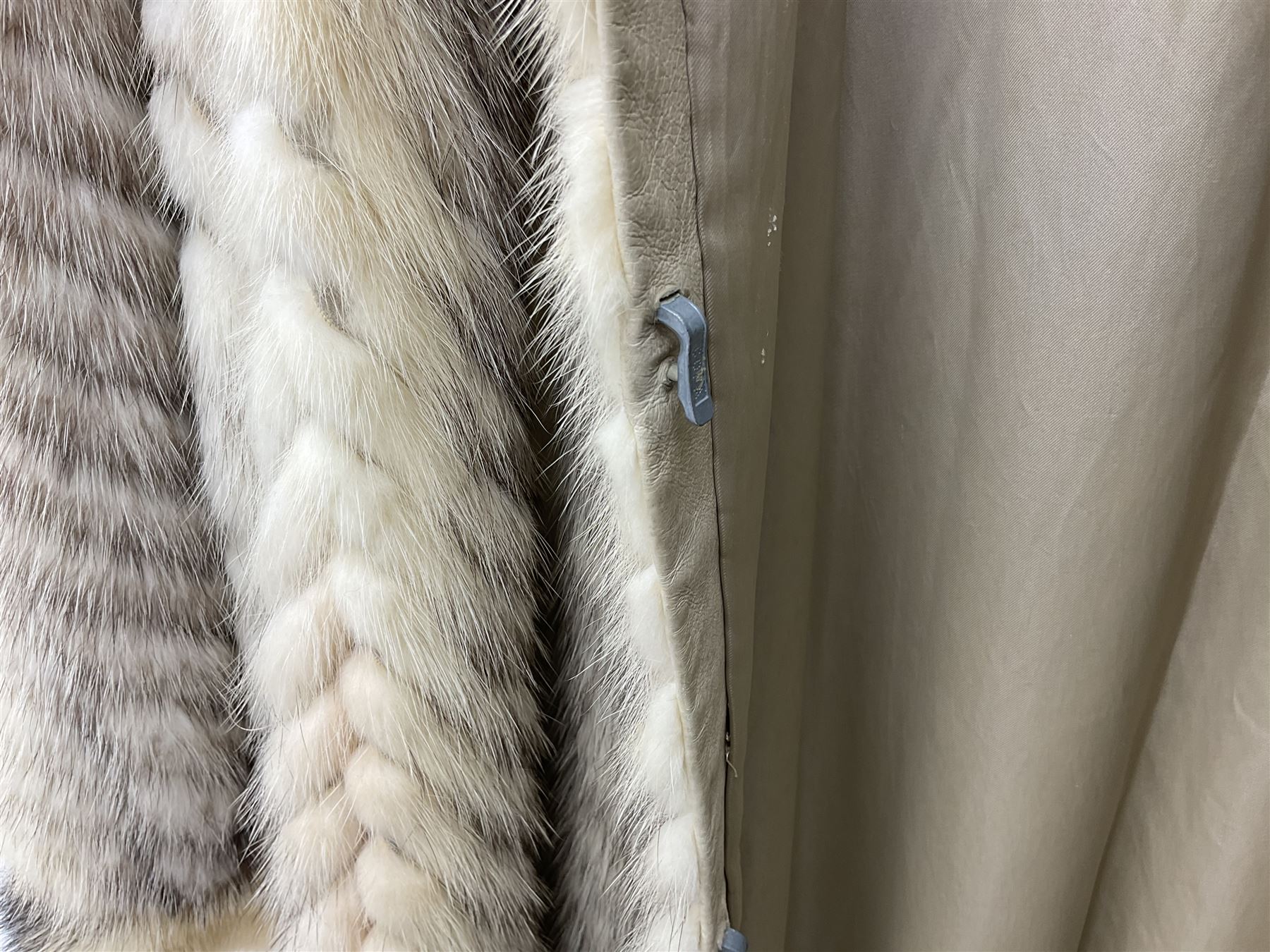 Saga mink full length fur coat, with chevron patterning to sleeves and body, with label to lined interior, approx size 12