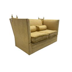 Edwardian knole design drop-arm two seat sofa, upholstered in yellow damask fabric with sprung back and seat and matching bolster cushions