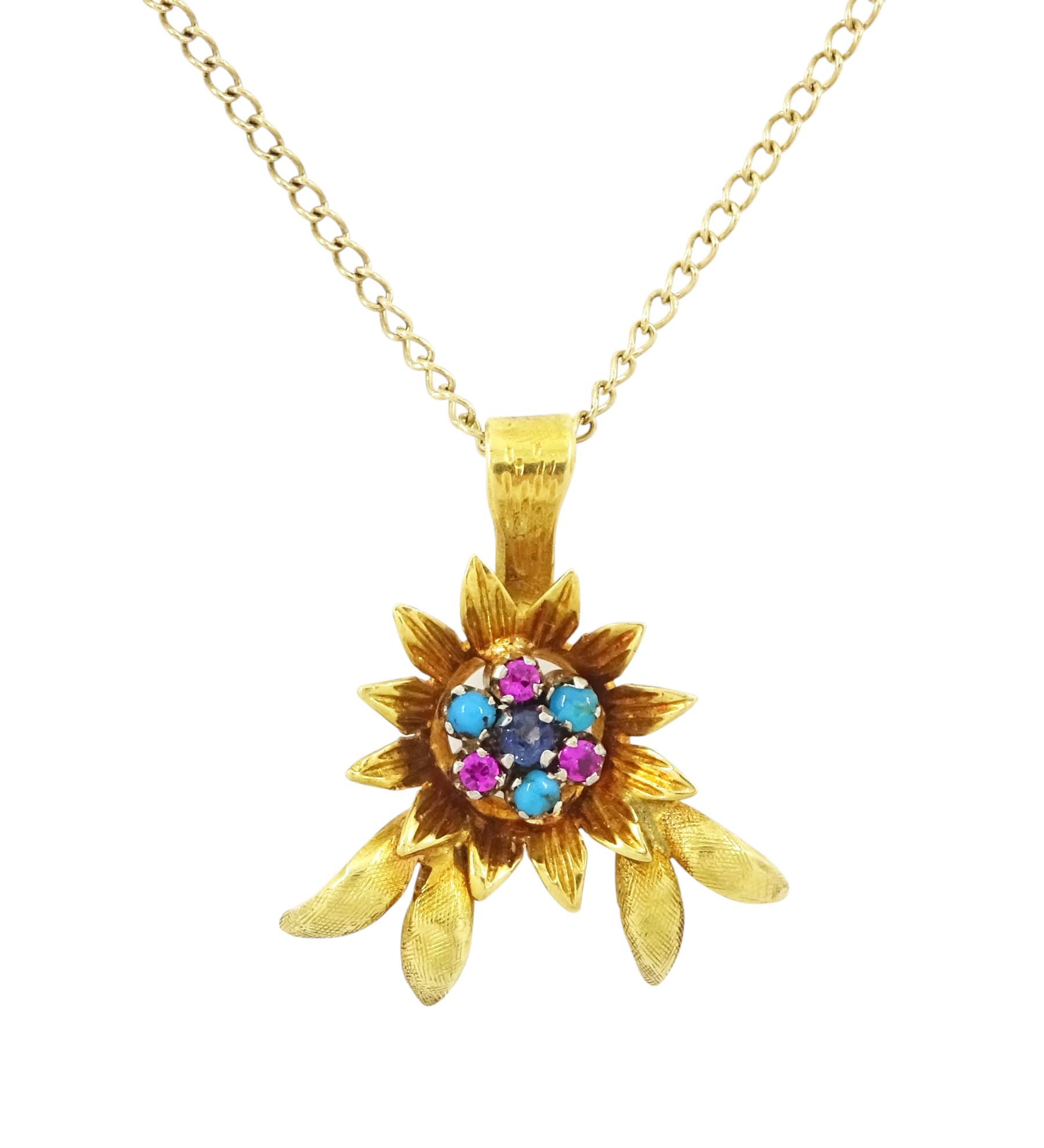18ct gold ruby, sapphire and turquoise flower head pendant, set with single sapphire, surrounded by six alternate rubies and turquoise stones, on a 9ct gold fine curb link chain necklace, hallmarked