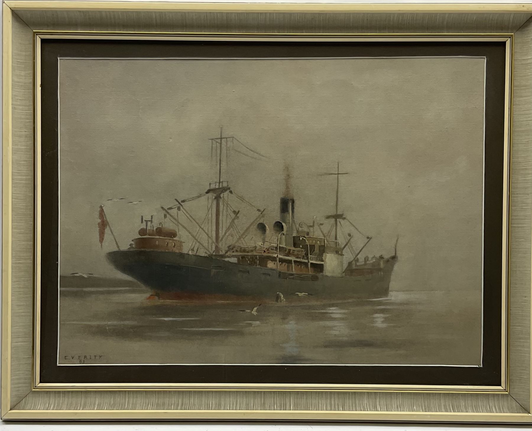 Colin Verity (British 1924-2011): 'Tramp Steamer on a Misty Morning in the Humber', oil on canvas board signed and dated '63, 39cm x 54cm Provenance: purchased Ferens Art Gallery Hull Winter Exhibition 1963 Cat. No. 10; purchased Robert Carmichael of Kirkella Hull; exh. Colin Verity Retrospective Exhibition, Hull Maritime Museum 2003, info. verso