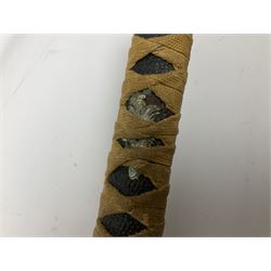 Three reproduction swords - Japanese katana and saya; Tai Chi sword with ornate scabbard; and dress sword with fullered triangular blade and horn handle (3)