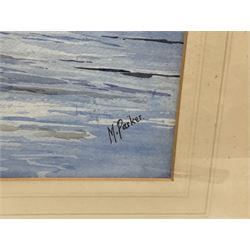 M Parker (British 20th century): Lake Scene with Figure Fishing, watercolour signed 30cm x 56cm 