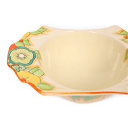 Clarice Cliff Joanquil pattern, Daffodil shape grapefruit bowl, circa 1933, with Bizarre and printed marks to base, L7cm, H5cm
