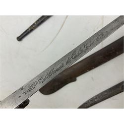 French Model 1874 Epee bayonet marked Oulle 1876 in associated scabbard; Model 1866 sabre bayonet in cut-down sword scabbard; and Model 1842/59 sabre bayonet in relic condition (3)