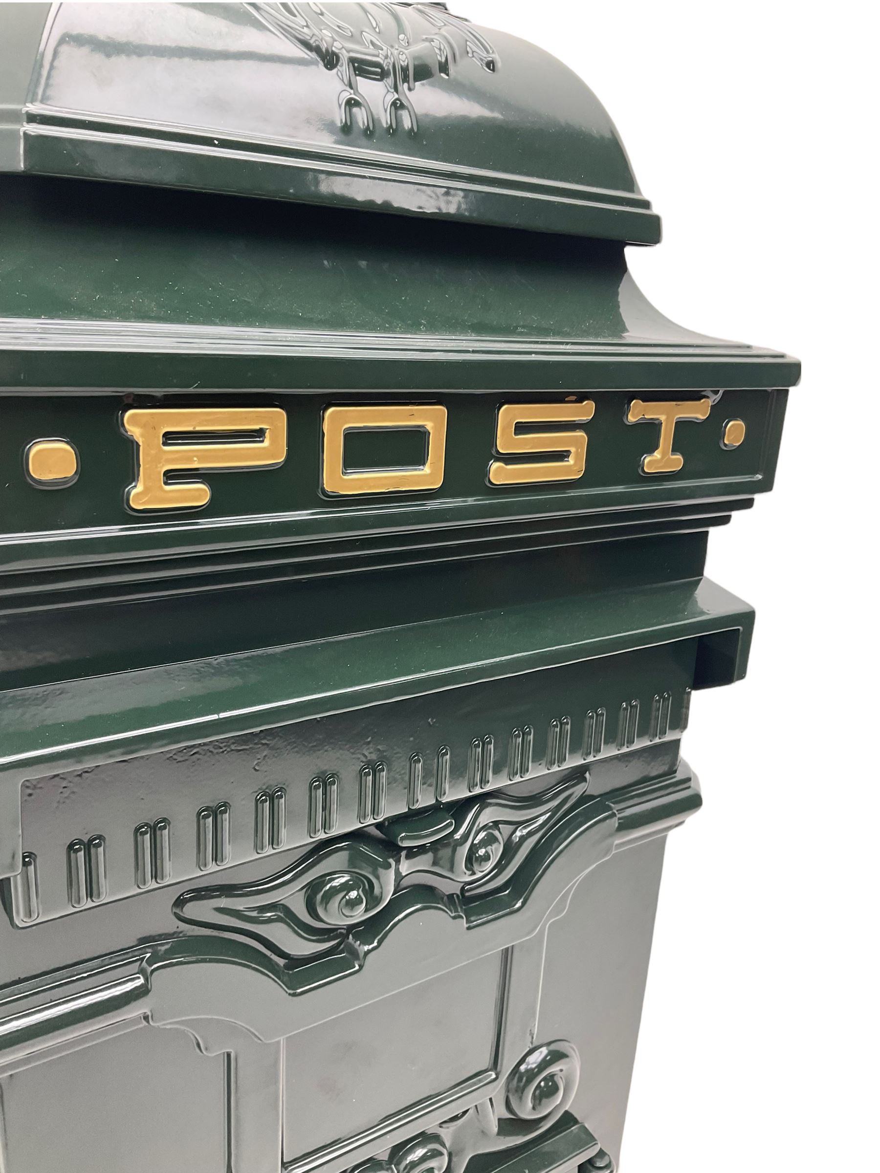 Victorian style cast aluminium green painted post / mail box, with keys
