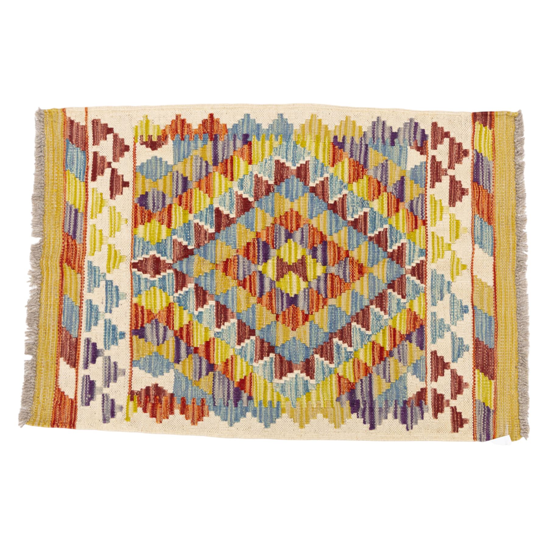 Two Chobi flatweave kilims with a repeating stepped diamond medallion design in live green, rust, teal, purple, and ivory, framed by chevron and geometric borders, 121x80cm & 87x60cm 