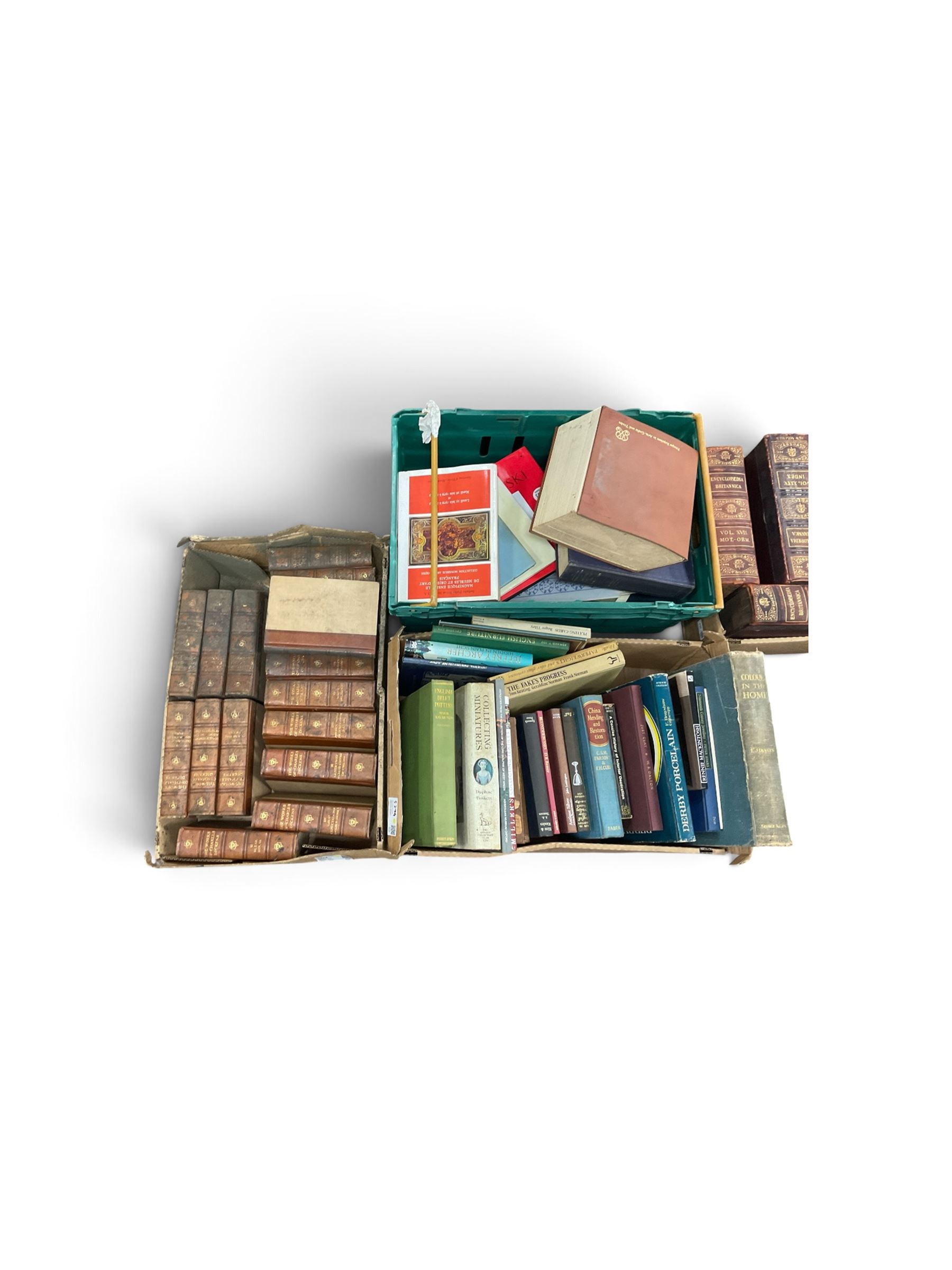 Large collection of books, including Encyclopaedia Britannia, The Works of Charles Dickens, reference books etc, in eight boxes   