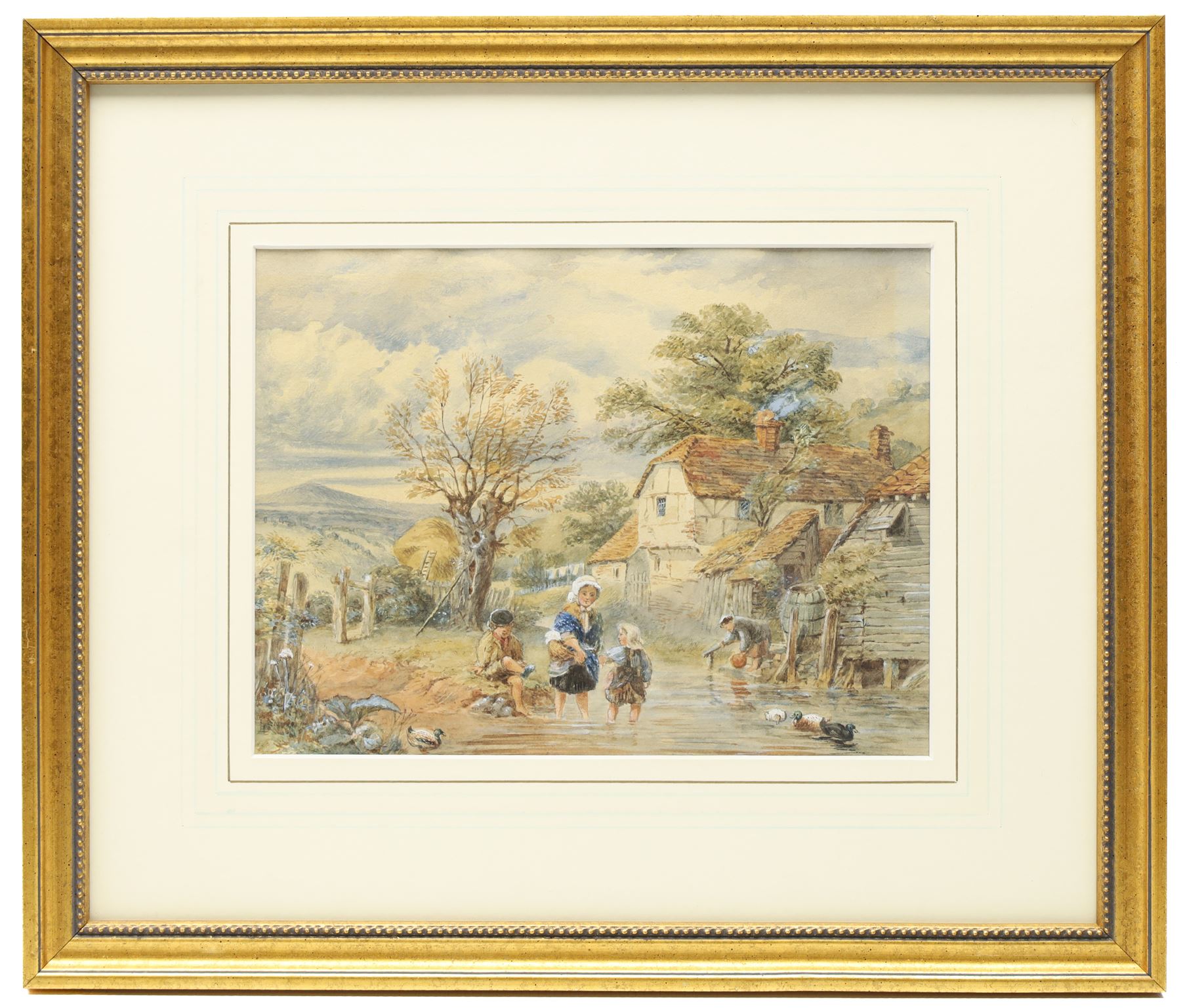 Manner of Myles Birket Foster (British 1825-1899): Children Playing in Stream by a Cottage, watercolour faintly signed 17cm x 23cm