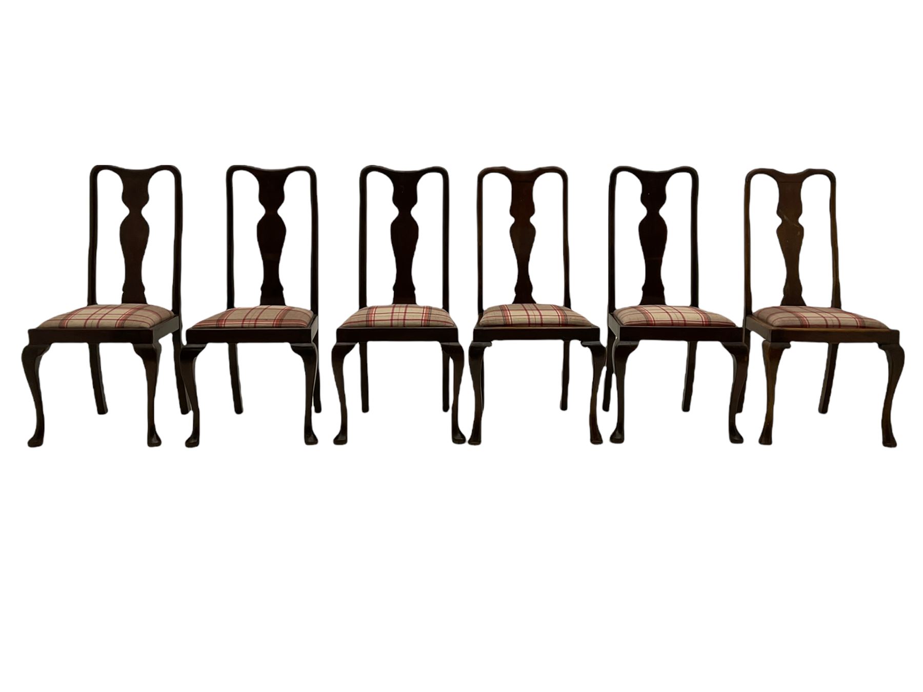 Mixed set of twelve early 20th century mahogany Queen Anne style dining chairs, all with shaped vase backs and cabriole front supports, matching drop-in seats upholstered in tartan patterned fabric