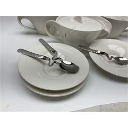 Villeroy and Boch New Wave pattern, nine twin handled dishes with covers, seven saucers, six teaspoons and six small saucers, dish D13cm 