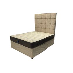 5’ Kingsize divan bed with mattress and headboard, tall buttoned head board upholstered in champagne fabric