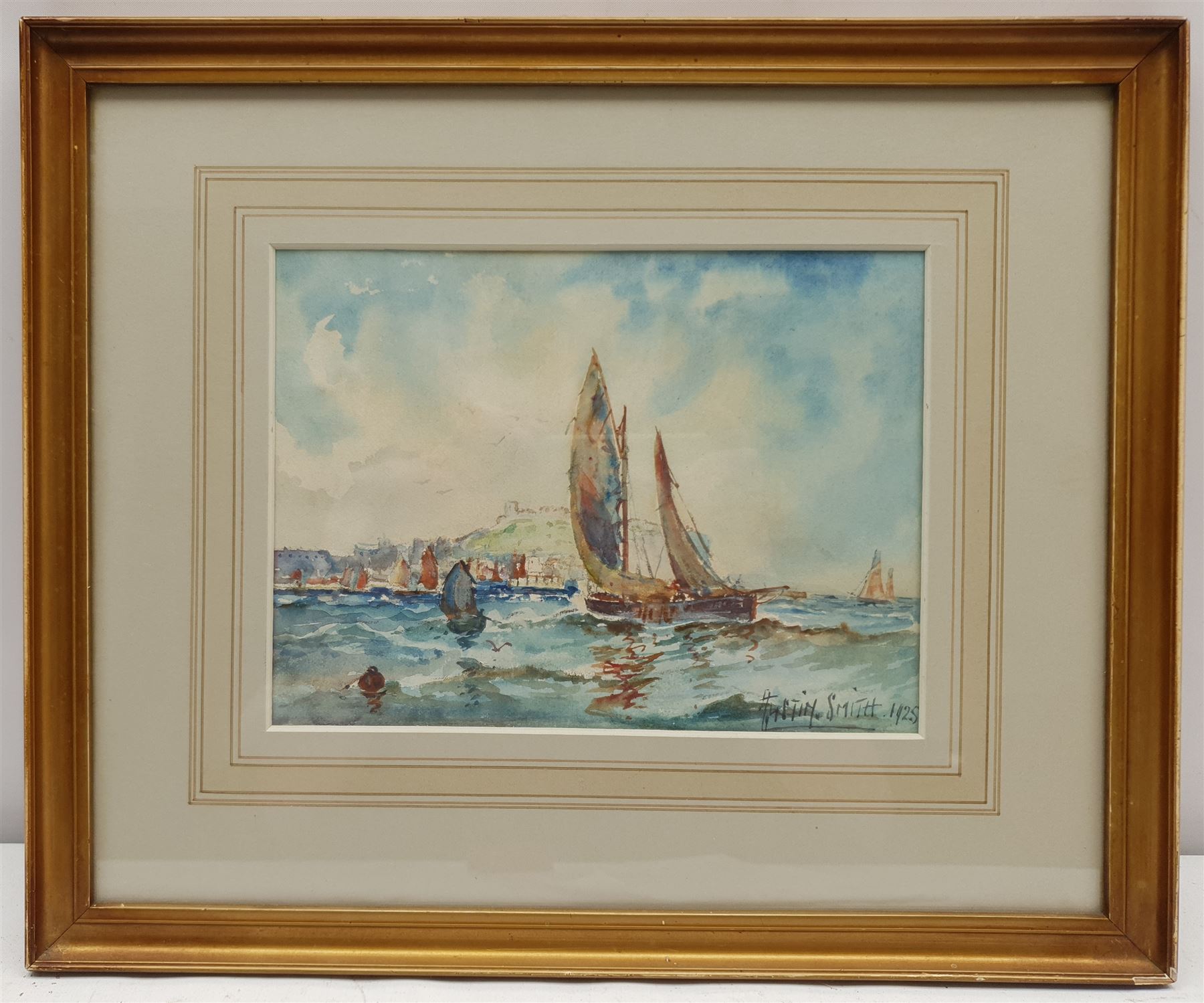 Austin Smith (British early 20th century): Leaving Scarborough Harbour, watercolour signed and dated 1925, 16cm x 22cm
