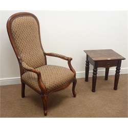  Victorian style stained beech framed open armchair and Marks & Spencers single drawer lamp table (50cm x 50cm, H55cm)  
