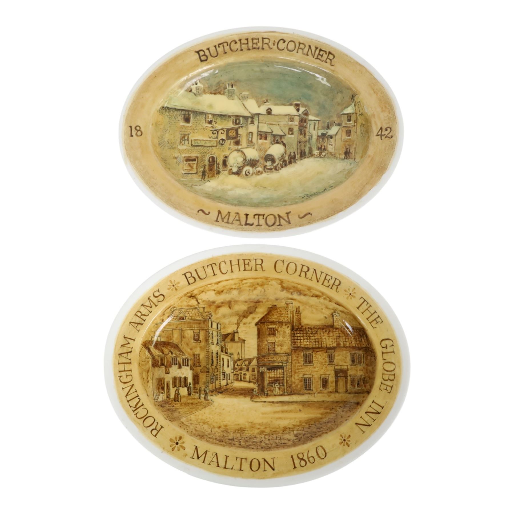 Pair of oval plates painted with Malton scenes, L35cm