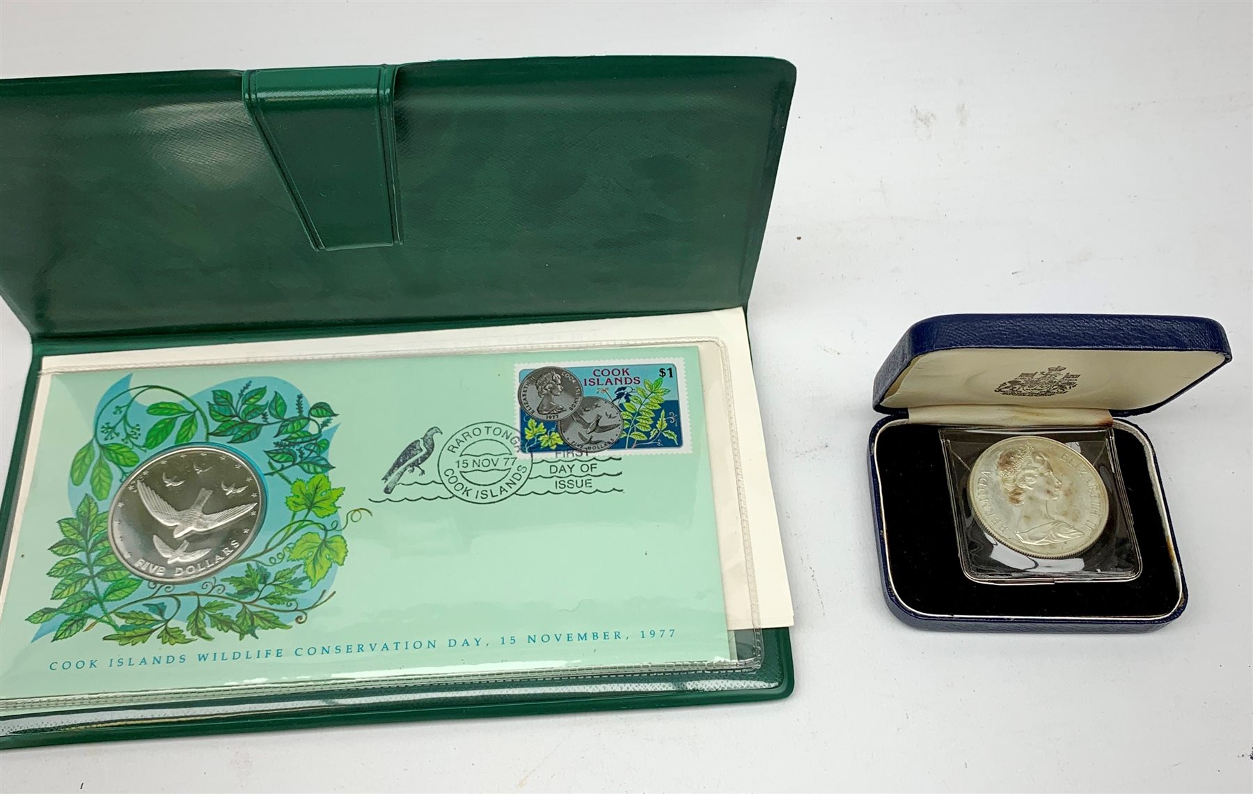 Queen Elizabeth II Cook Islands 1977 five dollars commemorative coin and stamp first day cover and five commemorative Silver Wedding Anniversary coins from various Countries, all being dated 1972, each individually cased (6)  