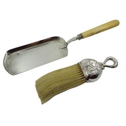 Silver crumb scoop, with ivory handle by William Hutton & Sons Ltd, London 1894 and a silver handled crumb brush, with figures in a garden decoration by Henry Matthews, Birmingham 1901