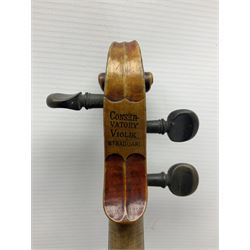 Late 19th century French three-quarter size 'Conservatory' violin with 34cm two-piece maple back and ribs and spruce top, the peg box inscribed 'Conservatory Violin Straduari', bears label 'Antonius Stradiuarius Cremonensis Faciebat Anno 1721' L55.5cm overall; in ebonised wooden 'coffin' case
