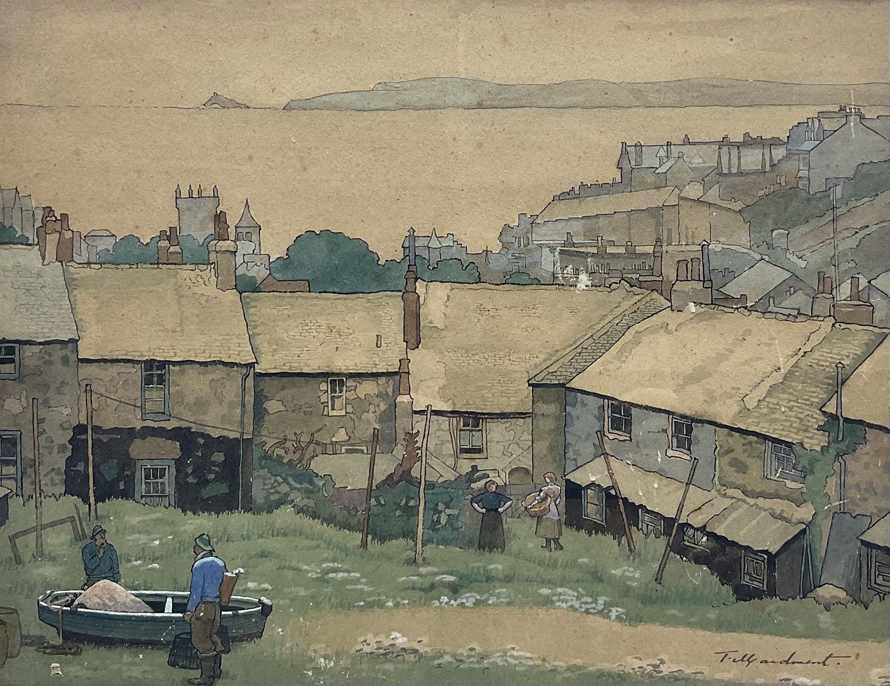 Thomas Maidment (British 1871-c1959): Cornish Coastal Town, watercolour and ink on buff paper signed 33cm x 44cm