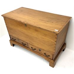 19th century elm mule chest, single hinged lid, two drawers, shaped bracket supports 