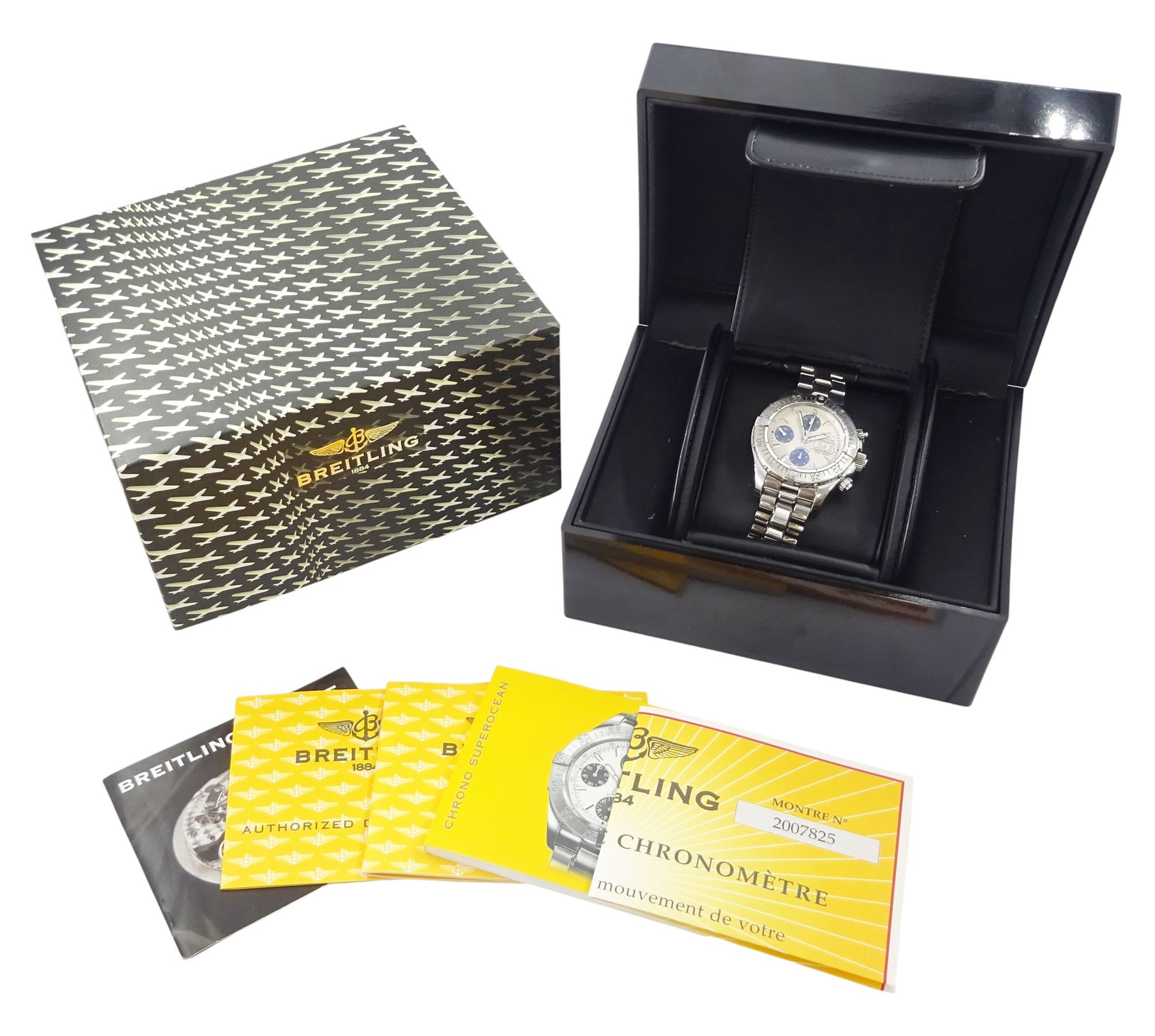 Breitling Superocean gentleman's automatic chronograph wristwatch, Ref. A133340, silvered dial with blue subsidiary seconds dials, on original stainless steel bracelet, with fold-over clasp, boxed with additional links and warranty card dated 2009