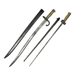 19c French Model 1866 sabre bayonet the 57cm curving blade with armoury mark for 1871; in original scabbard with matching serial no.G5078 L71cm; and a French Model 1886/93/16/35 Lebel bayonet with 52cm cruciform blade; in original scabbard with matching serial no.K12586 L65.5cm overall (2)