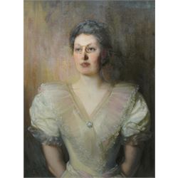 J Jee (British Late 19th century): Half-Length Portrait of a Victorian Woman Wearing Pince...