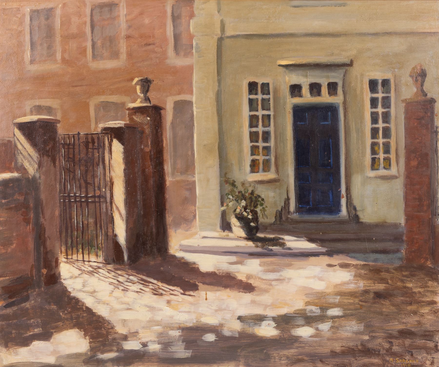 Alec Sargant (British 20th Century): 'Trumpeters House - Richmond Green', oil on board signed and dated 1968, titled verso, and with various other labels to include Southampton Art Society and James Bourlet & Sons, 48cm x 59cm