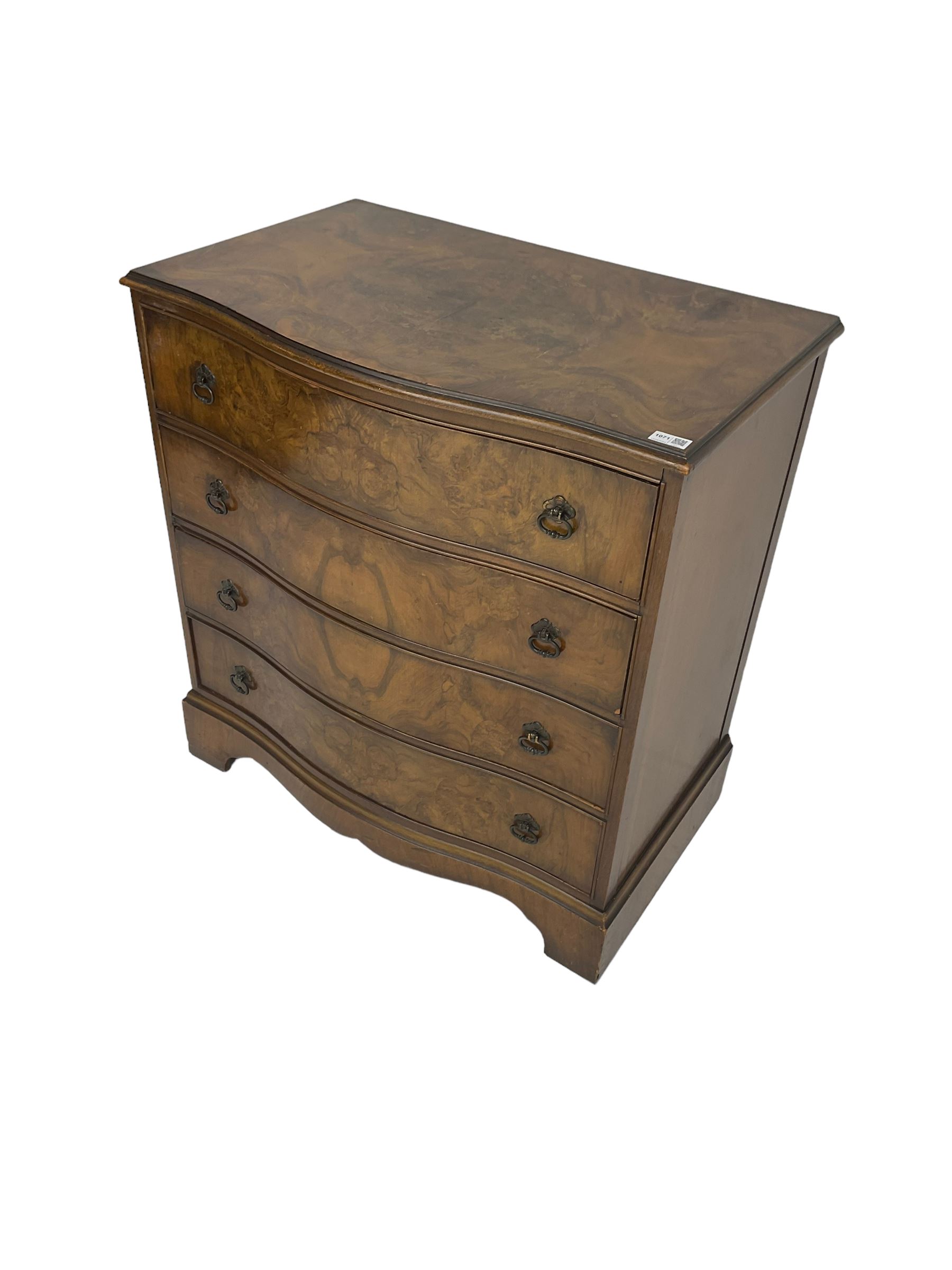 Early 20th century burr walnut serpentine chest, fitted with four drawers, on bracket feet