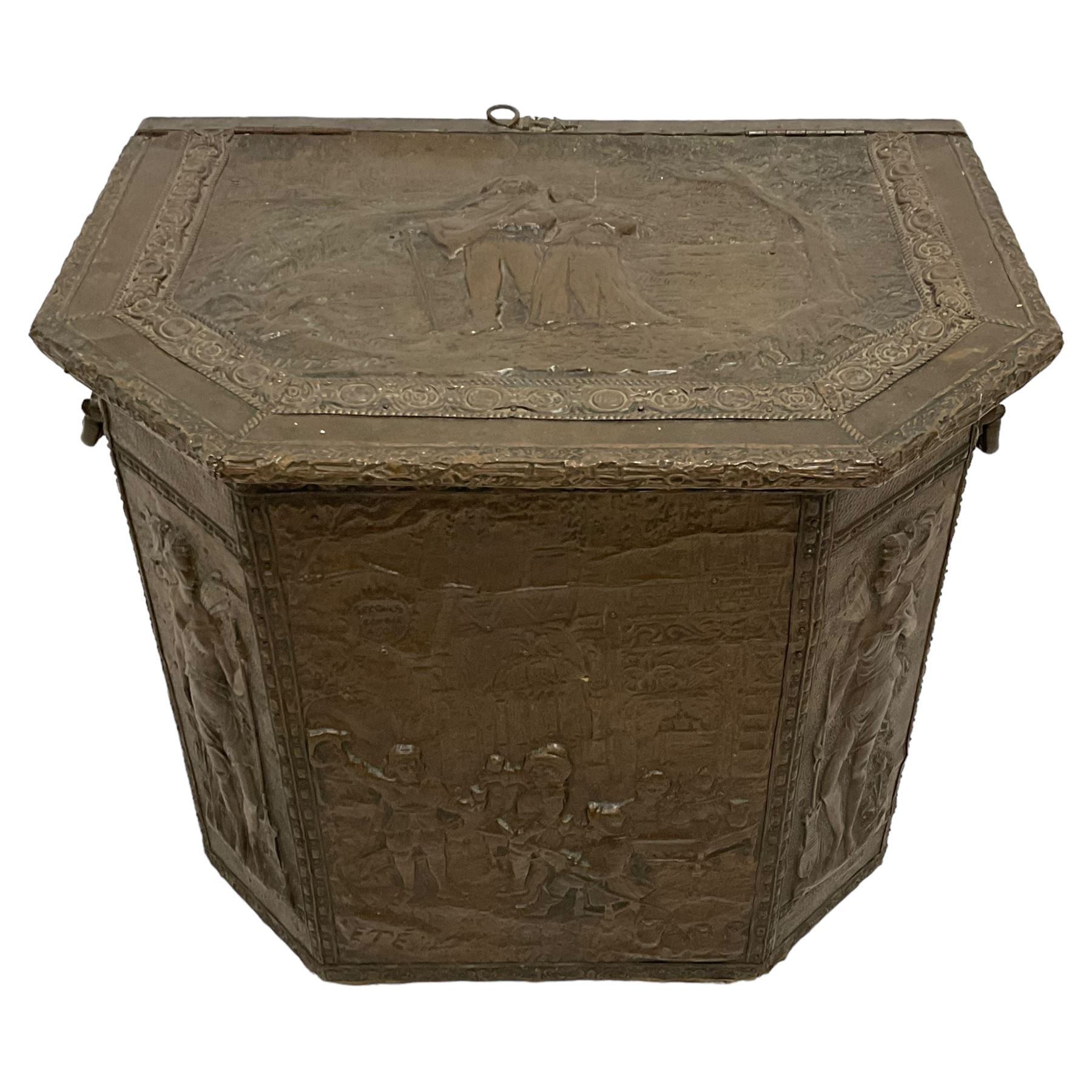 Large 19th century wooden and brass repousse coal box, rectangular form with canted front, enclosed by hinged lid decorated with figural countryside scene, the front panel depicting tavern scene at the 'Scours Contre la Soif' and initialled 'Ete', the remaining panels decorated with mythical scenes, with metal lining and hinged carrying handles, on castors
