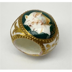  Victorian porcelain scarf-ring painted by Antonin Boullemier for Minton, painted with a bust profile of Mercury, within a jewelled gilt border, signed Boullemier, c.1875, L2cm   