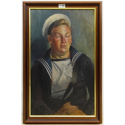 Gerald French (British 1927-2001): Portrait of a Sailor, oil on board signed and dated '53,  61cm x 38cm Provenance: with David Duggleby Ltd. 16th Sept. 2013 Lot 25 Artist's Studio Collection. French studied at Bradford College of Art with David Hockney whom he sketched several times    

