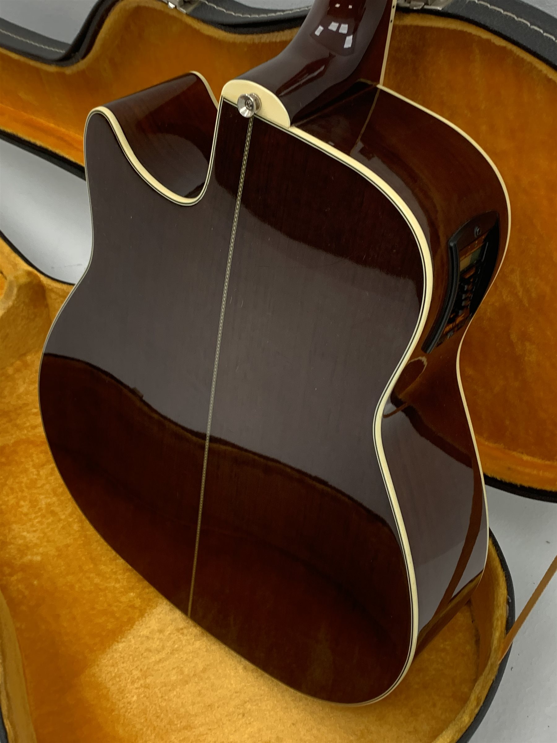  Yamaha model FG-450S-C acoustic/electric guitar with rosewood back and sides and spruce top, fitted with Artec Edge-Nds chromatic tuner, L104cm, in hard carrying case. From the collection of the late John Burgess of Beverley who played in the bands Penjants, Wine, Strollers, Revox, Sound Foundation, Pickle Belly Alley, Ragamuffins and Jerryattricks.