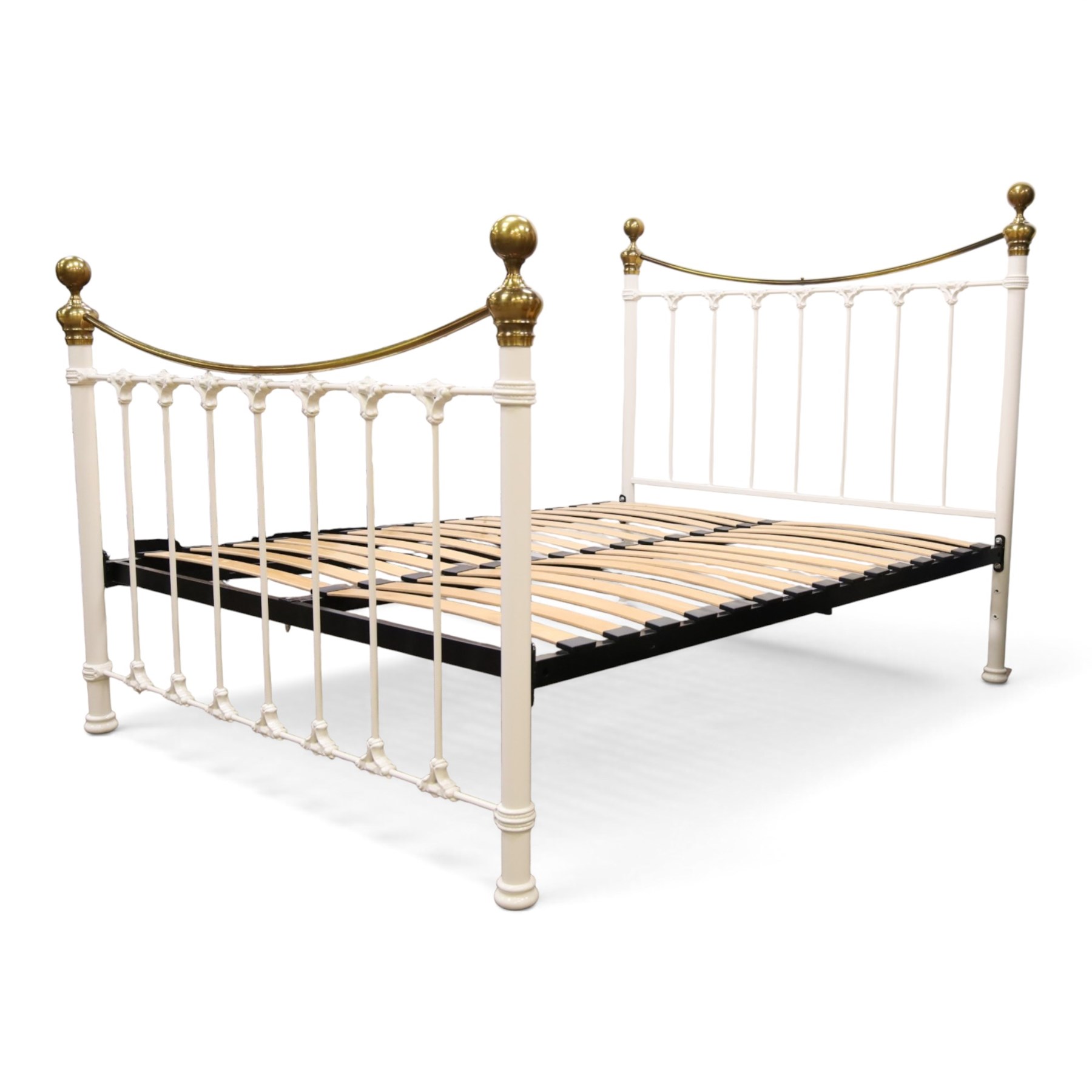 And So To Bed - Victorian design 'Juniper' brass and white painted double bed, the head and foot-boards with brass finials and curved cresting rails