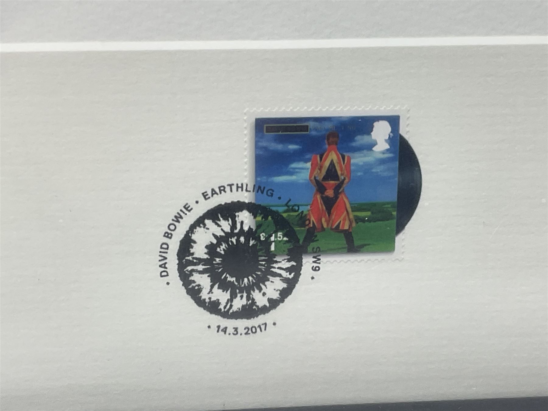Set of three Royal Mail David Bowie limited edition album stamp prints, comprising  Ziggy Stardust Tour, Hunky Dory and Earthling, all framed and in original packaging, H43cm W43cm