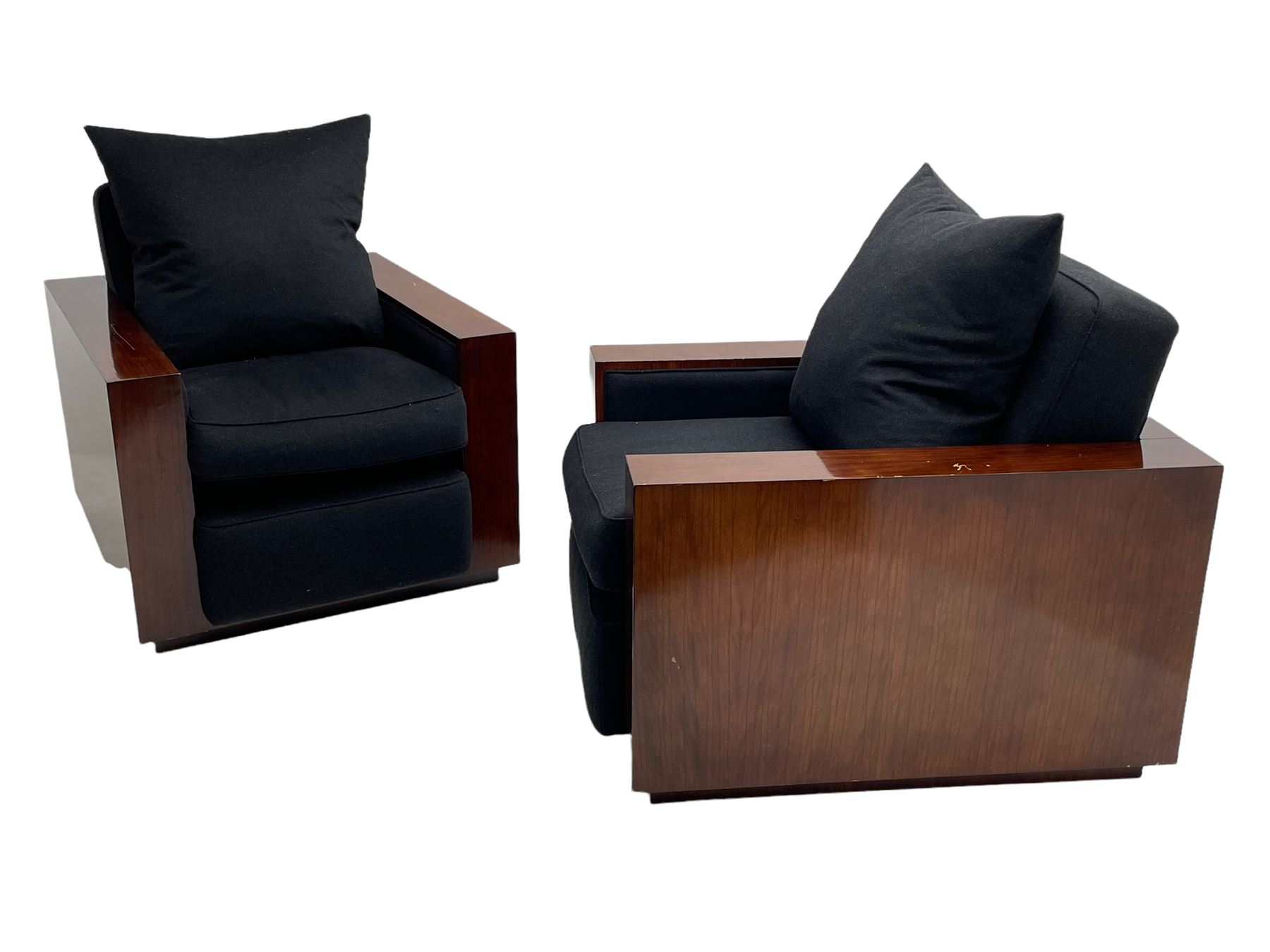Ralph Lauren - pair 'Metropolis' Art Deco design club armchairs, rosewood finish box frame, upholstered in black fabric