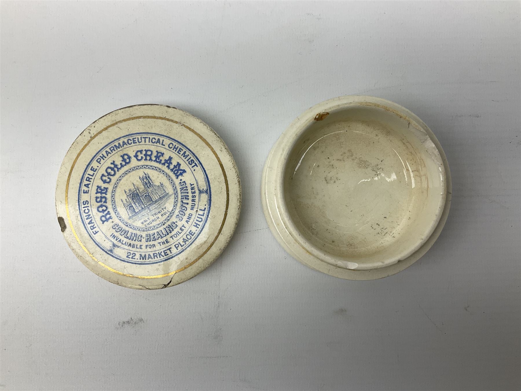  Early Victorian marriage mug for Thomas and Caroline Parkinson dated 11th Sept. 1845 Hull H8cm, similar christening mug for their daughter Hannah Matilda, blue/white transfer printed pot lid with base for Francis Earle, Pharmaceutical Chemist, 22 Market Place, Hull with central study of Holy Trinity Church and clay pipe, the bowl as man's head (4)  