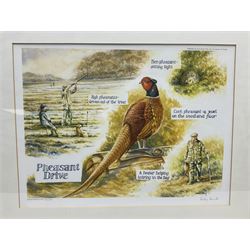 Five limited edition framed coloured prints of shooting interest comprising after C. Stanley Todd game birds taking flight in a mountainous lake landscape no.348/600; after J.C. Harrison game birds in flight over fields no.285/500; after Alan B. Hayman  'A Right and Left?' no.398/850; after Andy Beck 'Pheasant Drive' no.56/350; and after Leo Stans 'Autumn Air'; all signed on the mount; various frames (5)