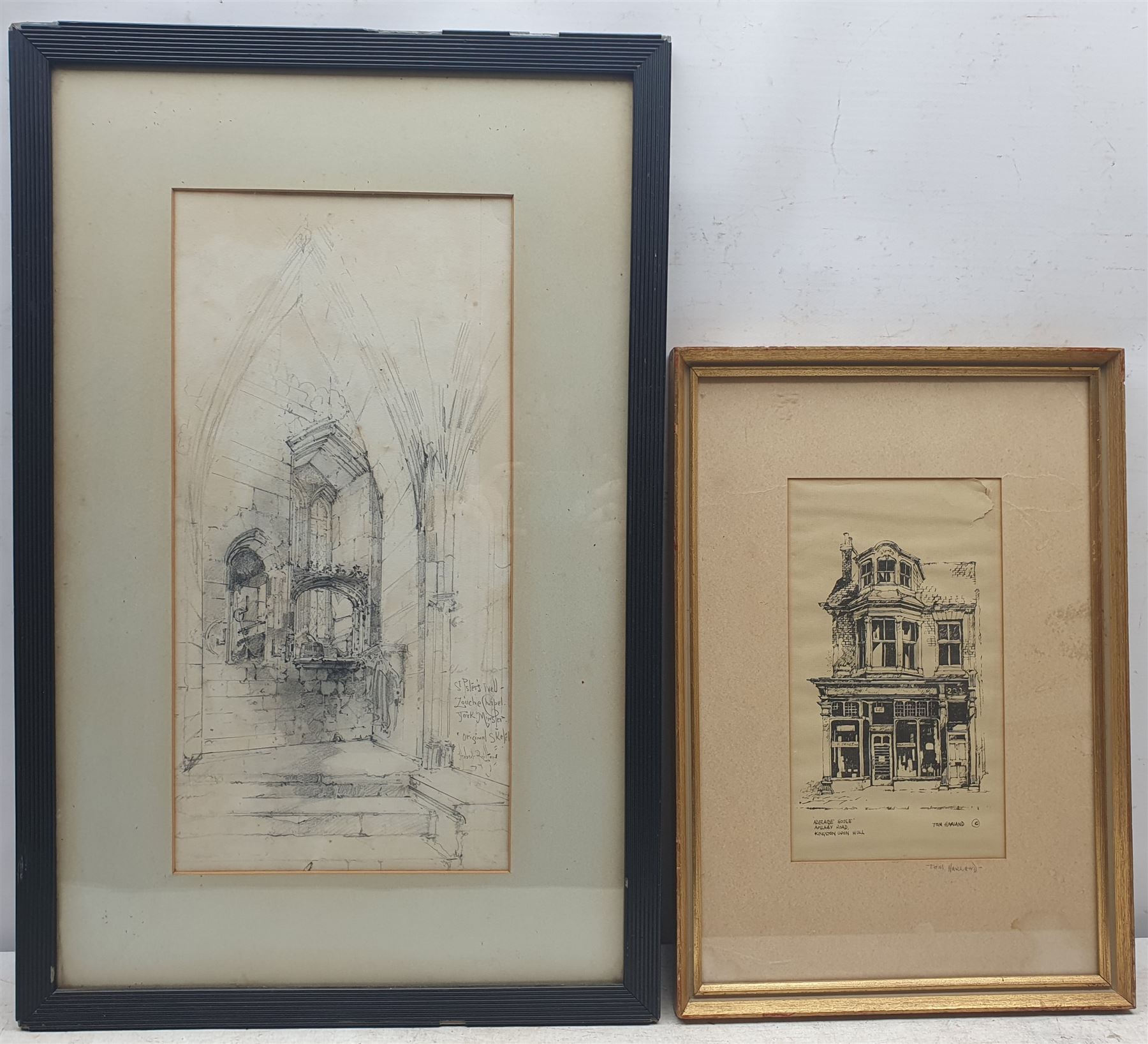 Herbert Railton (British 1857-1910): 'St. Peter's Well Zouche Chapel York Minster', pencil and charcoal signed and titled 45cm x 22cm; Tom Harland (Yorkshire 1945-2012): 'Adelaide House Anlaby Road Hull', monochrome print signed in pencil on the mount 26cm x 15cm (a/f) (2)