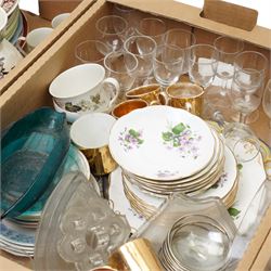 Mixed ceramics and glass, Fords China service and matched items, Victorian wash jug with botanic decoration, etched glass, etc, contents in three boxes