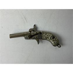 Miniature all nickel 2mm pin fire single shot pistol with engraved grip L4.5cm; together with a .925 silver half hunting cased keyless wind pocket watch inscribed 'Presented to Pte. P. Sizer By No.2 Company 1st Battalion Lincolnshire Regmt For Gallant Conduct Nr. Cork (Ireland) 31.7.20' (2)