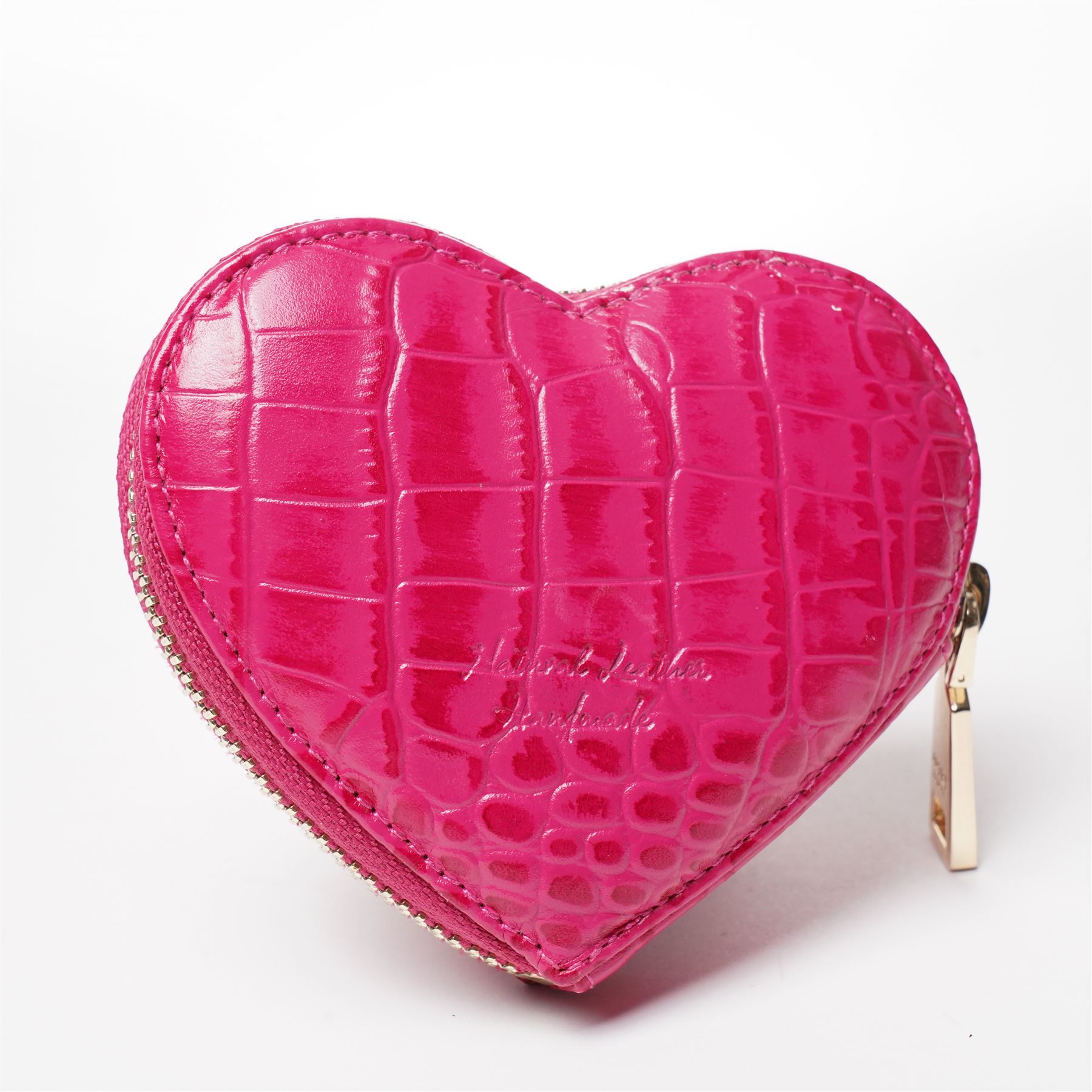 Osprey London - small heart-shaped coin zip purse, in pink mock-crocodile embossed leather, with gold-tone hardware