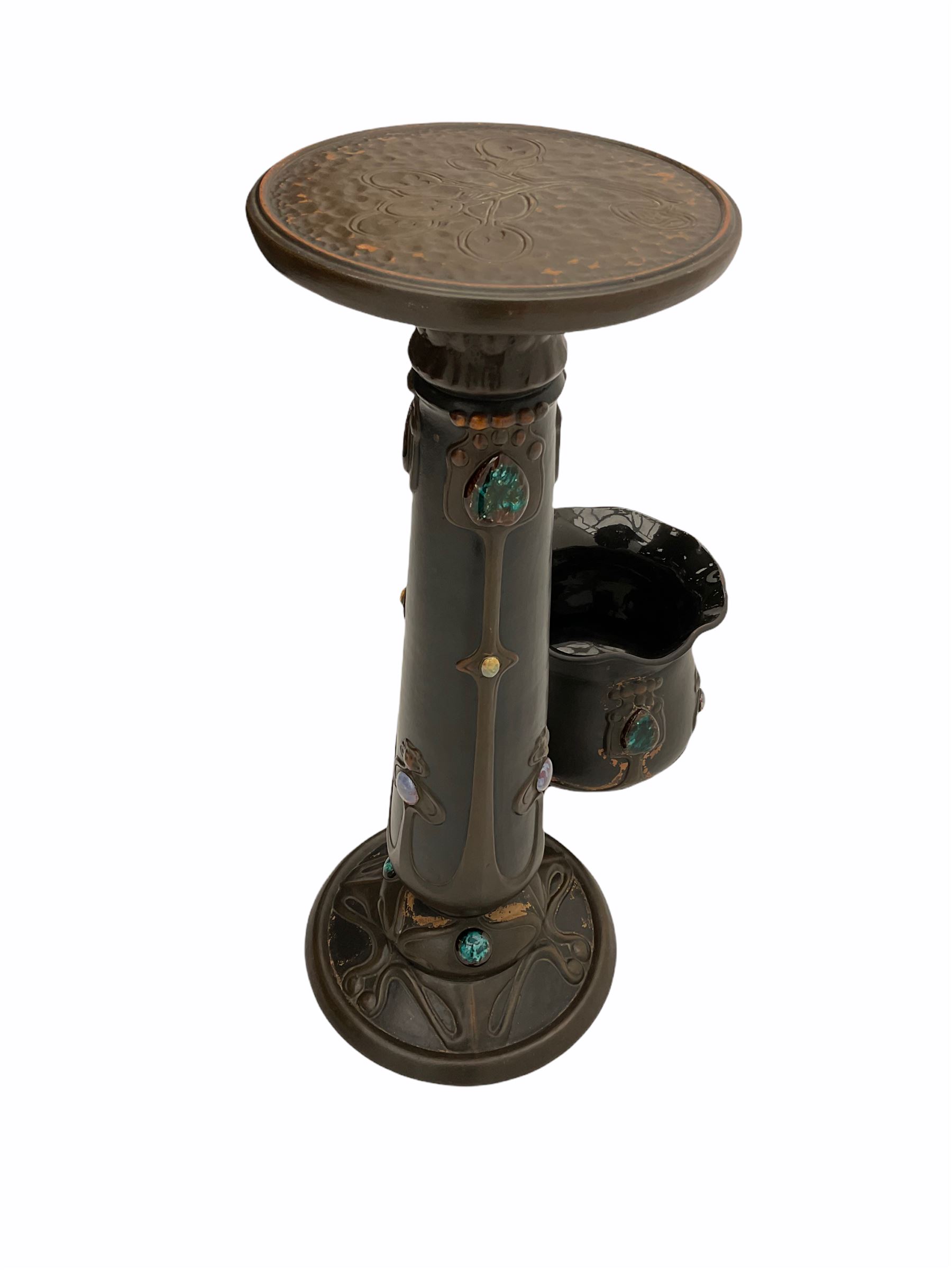 Early 20th century Bretby Art Nouveau Jardinière and stand, with applied cabochon detail, each with impressed mark beneath, jardinière H22.5cm D28cm, overall including stand H94.5cm