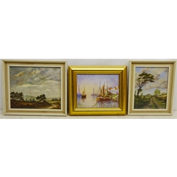  'Whitby Harbour', oil on board signed by R Barrett and Nina Pickup (British 20th century): 'Breakthrough' and 'Breezy Day', two oils on board signed, titled verso max 24cm x 29cm (3)   