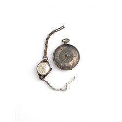 18ct gold cased pocket watch, stamped Warranted Gold K18, together with a 9 gold ladies ma...