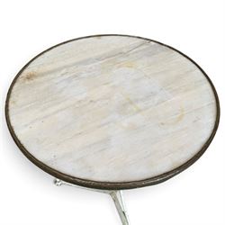 19th century French Arras design garden or bistro table, circular marble top with copper edge, raised on wrought iron triform base, in white painted finish